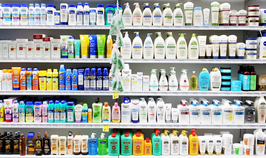 Supermarket shelf containing rows of personal care products