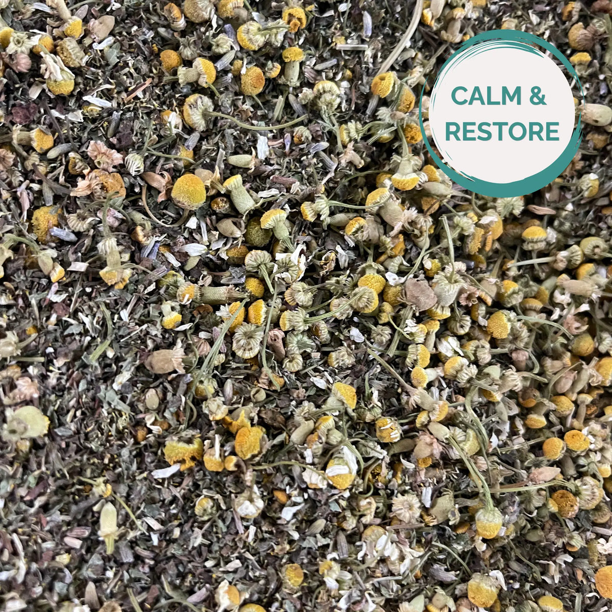 Close up of chamomile, lemon balm and lavender loose tea