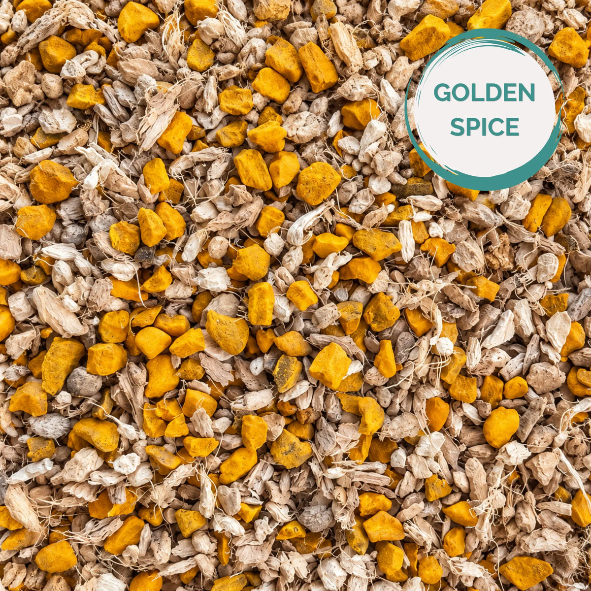 Close up of turmeric, ginger and black pepper loose tea 