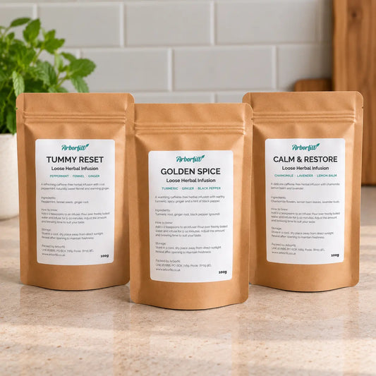 Kitchen side with 3 Kraft pouches of loose tea - rummy reset, golden spice and calm & restore