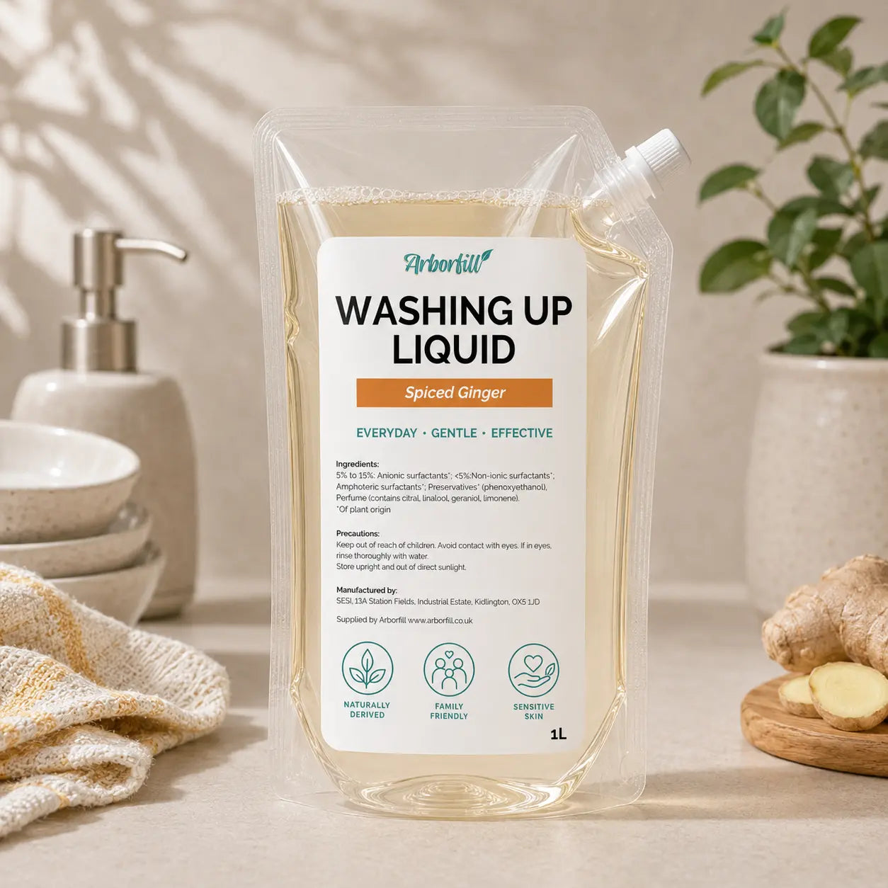 Packaging of Arborfield Spiced Ginger washing up liquid on a kitchen counter with a plant and soap dispenser in the background.